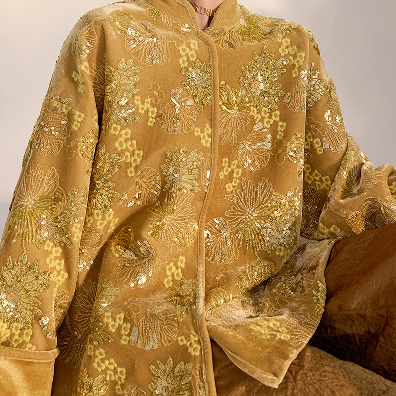 

New Chinese Style National Style Satin Flower Embroidered Tops with Sequins and Gold High-end Jackets Gold Top Women