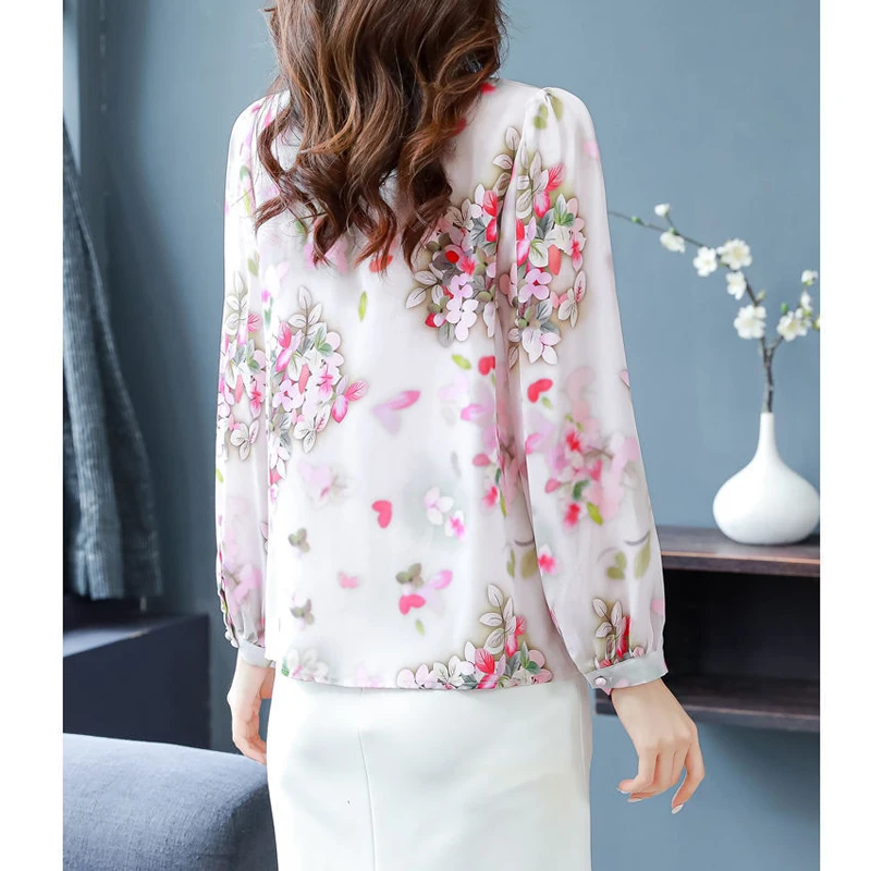 Women Vintage Floral Print Ruffled Button Shirts Korean Fashion Elegant Chic Chiffon Blouse Casual V Neck Long Sleeve Loose Tops