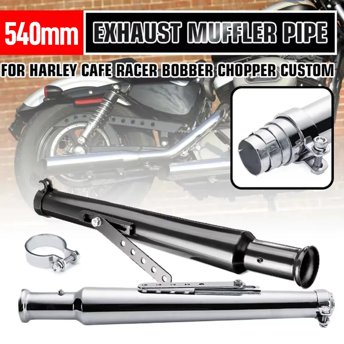 540mm Slip-On Motorcycle Exhaust Muffler With Movable Bracket 37/40/42mm Inlet Adapters For Cafe Racer Bobber Chopper