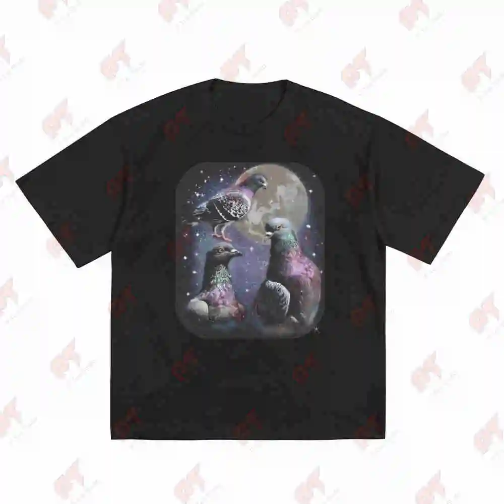 Three Pigeons Retro Howling At The Moon Short Sleeve Tee 100% Cotton T-Shirt