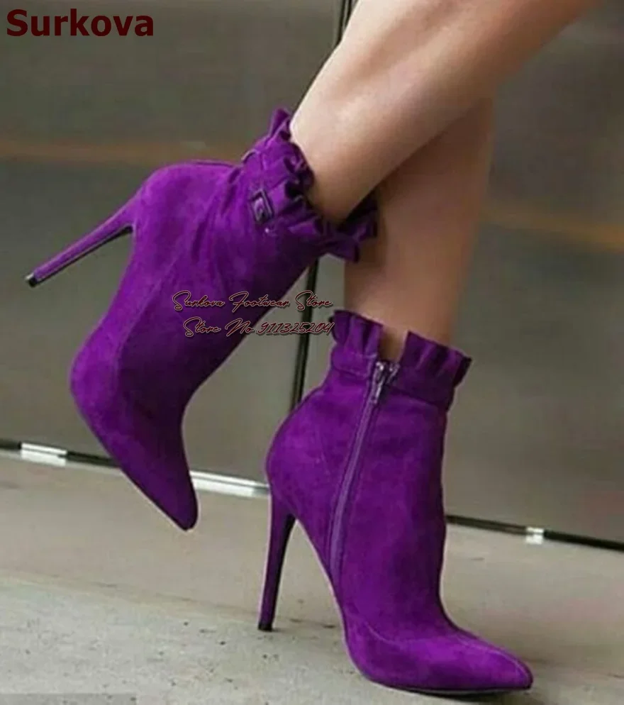 

Surkova Purple Suede Stiletto Heels Ankle Boots Pointed Toe Ruffle Shaped Elegant Wedding Shoes Buckle Strap Falbala Booties