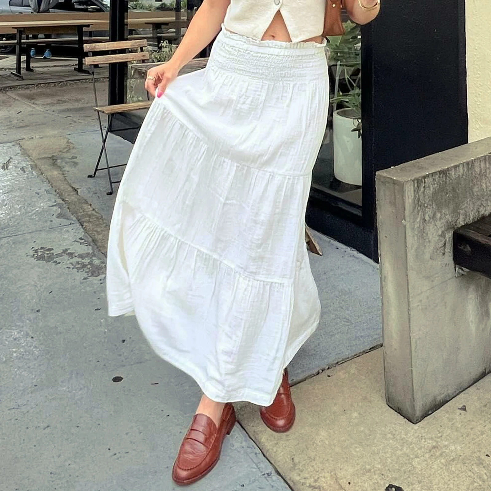 

Women's Summer Aesthetic Ruffle Versatile Loose Long Skirt Gathered Waist Sewn Hem Elastic Waist Solid Color Flowing Skirt