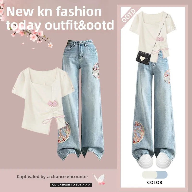 Set di jeans ricamato Ele Top e jeans con colletto quadrato da donna Nuovo set di due pezzi cinese Sle Summer Faion