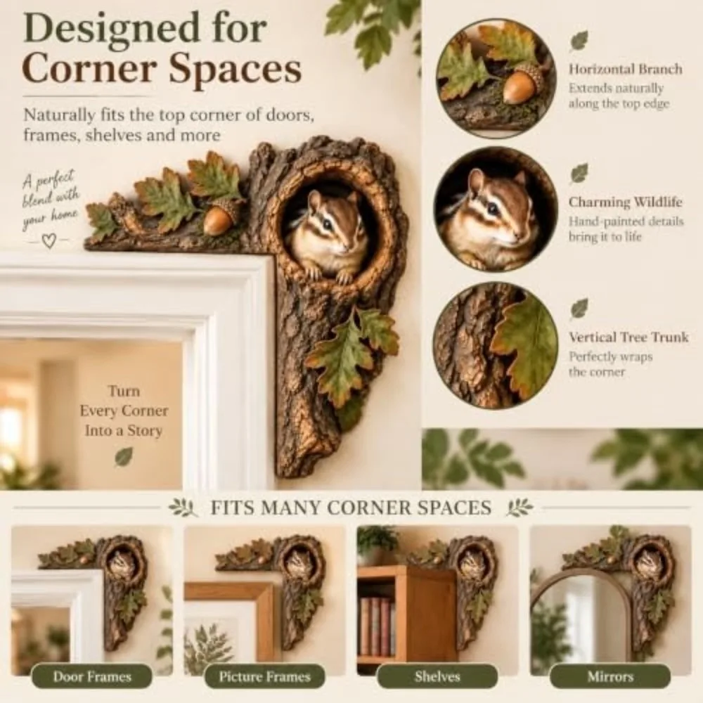 2D Chipmunk Tree Hollow Door Topper Wooden Bark Texture Animal Tree Hollow Door Topper Frame Decor Oak Leaf Acorn Door Topper
