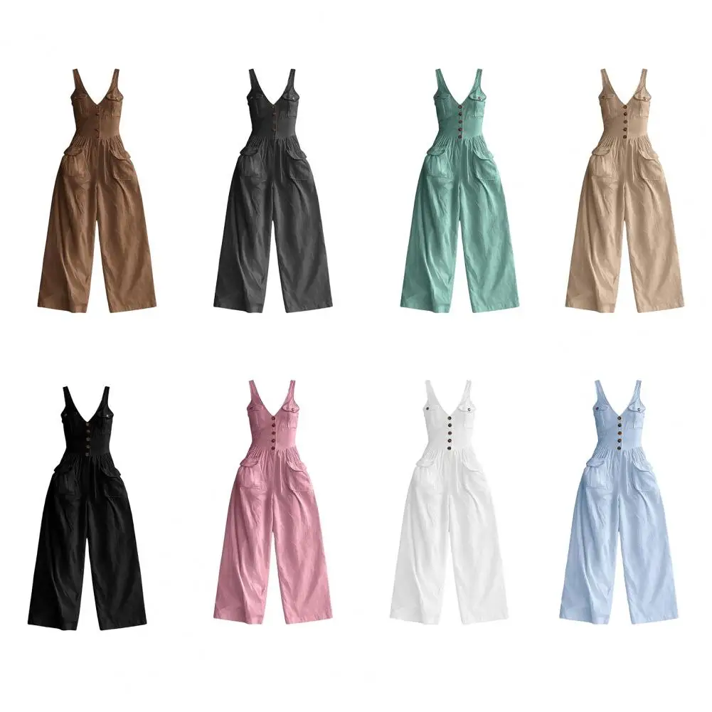Large Size Women Jumpsuits Casual Vintage Solid Color Sleeveless Straps Loose Jumpsuit Overalls Wide Leg With Multiple Pockets