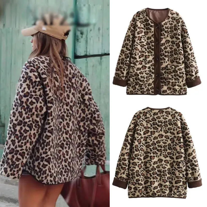 

2024, женское пальто, модное винтажное пальто с леопардовым принтом, теплая шерстяная однобортная одежда с карманами, свободные куртки, женская шикарная уличная одежда