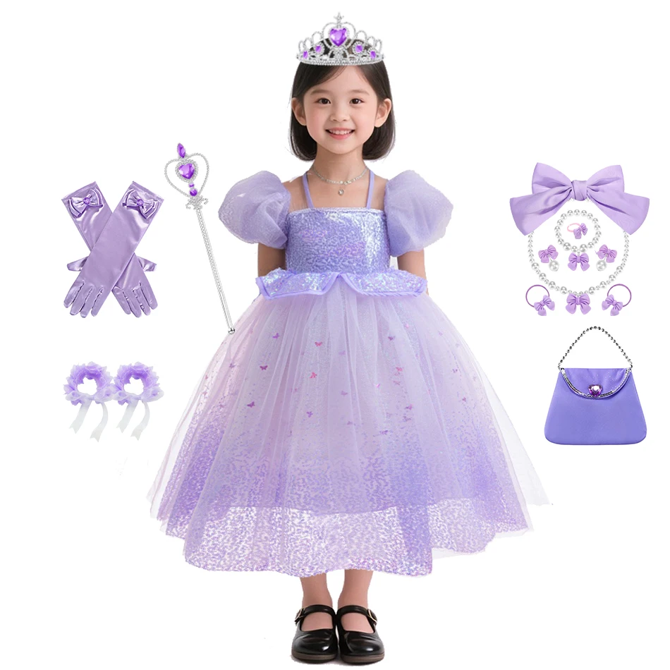 

Disney Frozen Princess Dress Elsa Sequin Bubble-sleeve Puff Gown Girl Performance Costume for June 1st Kids Evening Gown