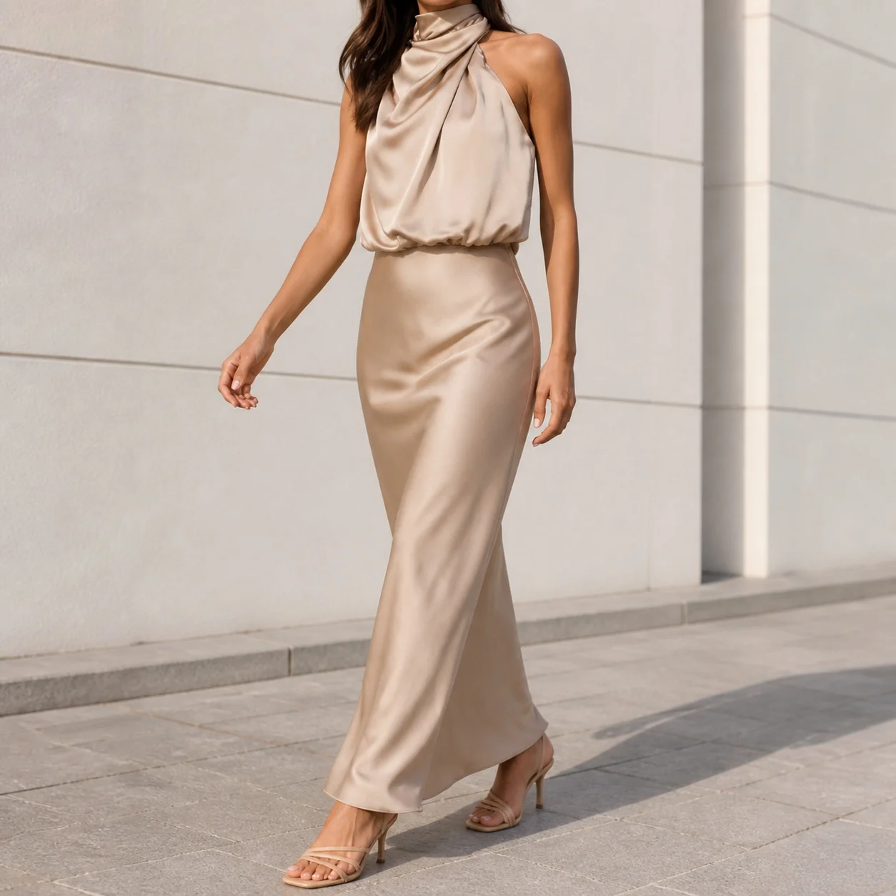 Slim Fit Sleeveless Dress Socialite with Mid Waist Patchwork Mock Neck Midi Length Elegant Dresses for Women Spring