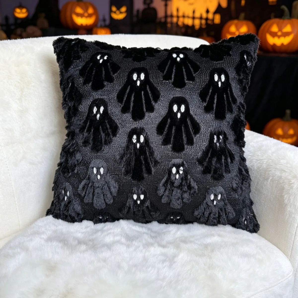 Halloween Ghost Pumpkin Jacquard Plush Throw Pillow Cover, Soft Fluffy Sofa Cushion Furnishing, Spooky Seasonal Decor Pillow Case for Living Room Layout