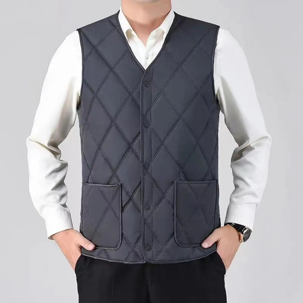 

V-neck Sleeveless Vest Men's V-neck Sleeveless Waistcoat with Pockets Solid Color Quilted Vest Jacket Thickened for Stylish