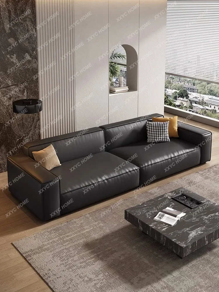 Leather Sofa Living Room First Layer Cowhide Simple Tofu Block Straight Row Small Apartment Leather Sofa