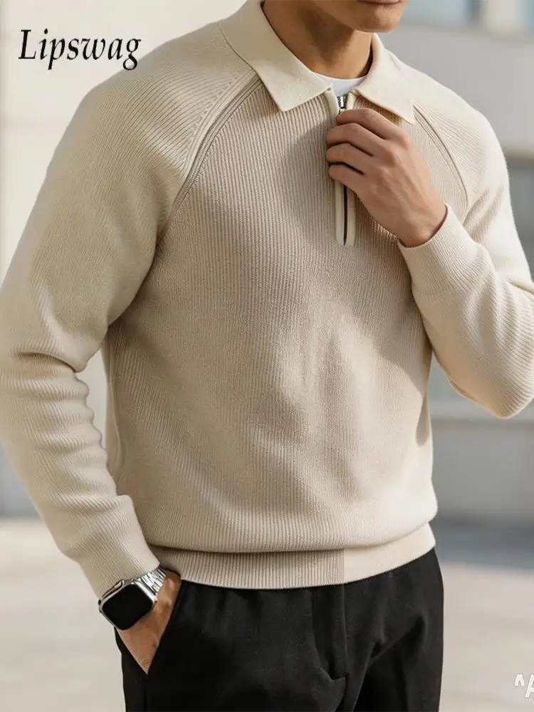 2026 Spring Autumn Knit Polo Shirts Mens Fashionable Contrast Color Long Sleeve Top Vintage Turn-down Collar Knitted Pullover