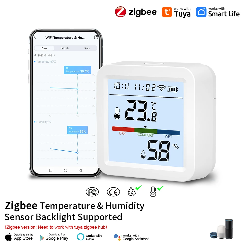 Tuya ZigBee Smart Home Temperature Humidity Sensor with BackLight LCD Works With Google Assistant and Need Tuya Zigbee Hub