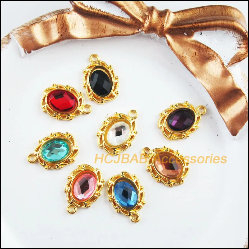 16Pcs Gold Color Retro Flower Oval Mixed Crystal Charms Pendants 11x15mm