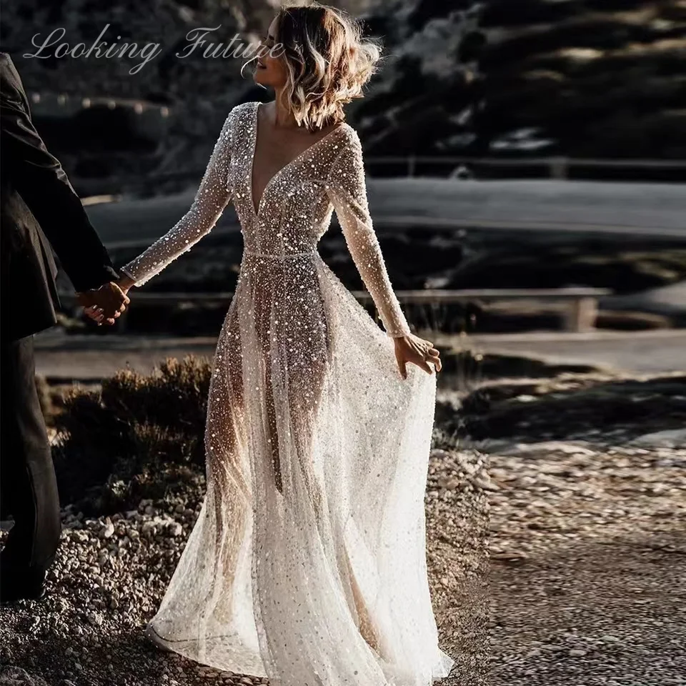 Brillante maniche lunghe trasparenti abito da sposa noioso Glitter profondo scollo a V perline fidanzamento abito da sposa di lusso Vestido de Novia 2024