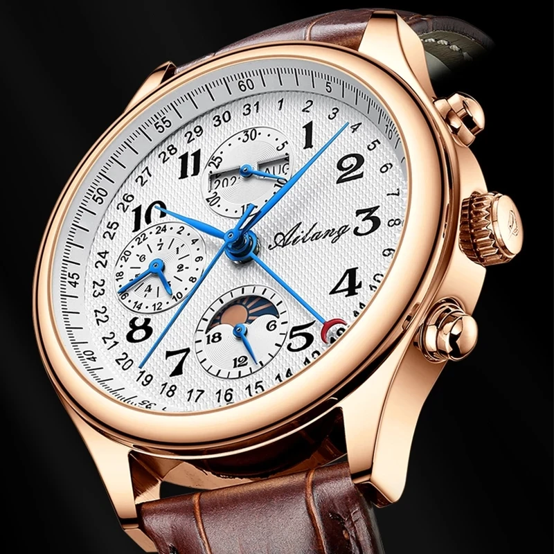 

AILANG Men Watch Fashion Rose Gold Case Casual Watches Automatic Mechanical Luxury Personality Three Eye Six Needle Clock Reloj