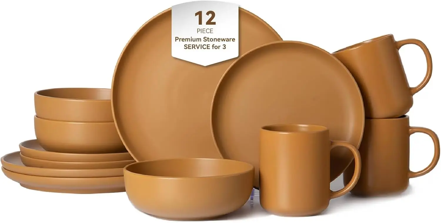 

12-Piece Matte Orange Dinnerware Set,Stoneware Dinnerware for 3, Microwave & Dishwasher Safe, Stackable Design for Kitchen and D