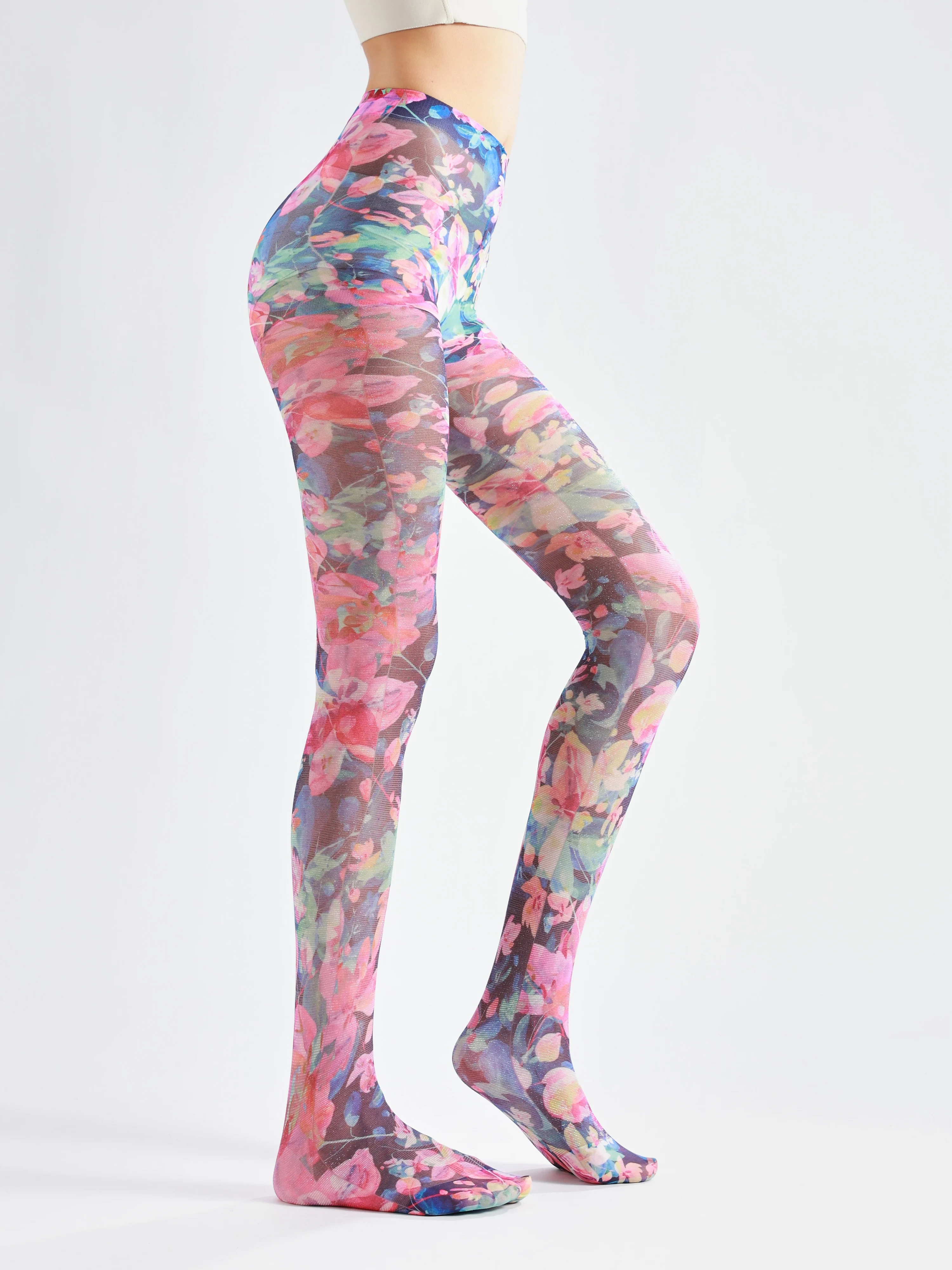 Sahabowi fashion metallic silver blue colorful flowers sparkly shiny tights print pantyhose for womens sheer stockings