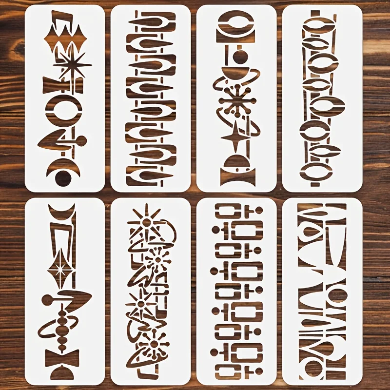 8PCS 3 X 7 inch Abstract Geometric Border Stencils Reusable Painting Templates for DIY Wall Fabric Canvas Decor