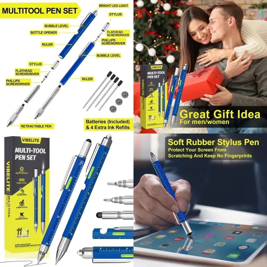 

VIBELITE 11 in 1 Multitool Pen Set with LED Stylus Built-in Level Screwdriver Flathead Compact Gadget for Everyday Use Ideal fo