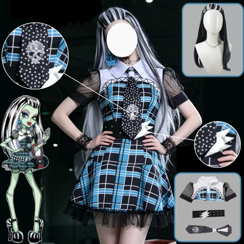 

Frankie Stein Cosplay Costume Blue Black Gothic JK Dress Halloween Performance Outfit Wig Set Frankie Stein Role Play Outfit