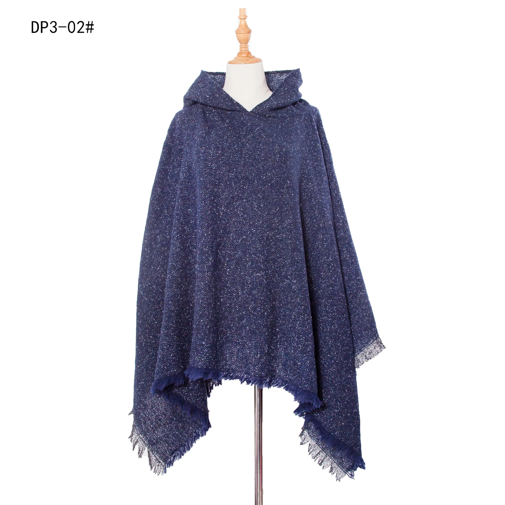 Autumn Winter New Loop Yarn Hooded Pullover Tourism Solid Color Cape Women Fashion Street Poncho Lady Capes Blue Cloaks