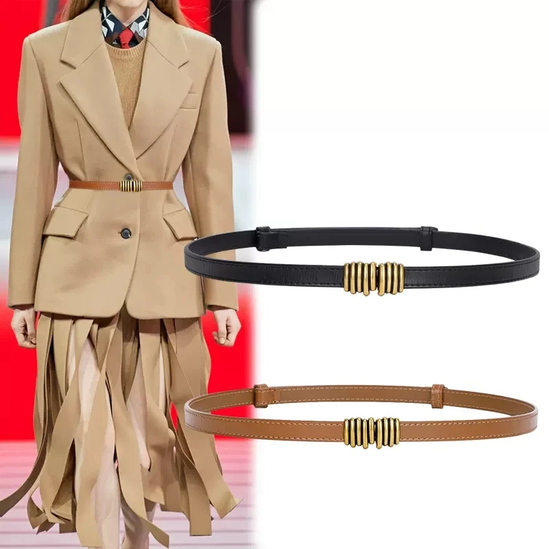 Fashion Genuine Leather Slim Waist Gold Buckle Adjustable Women Belts Wild Skinny Dress Jeans Decorative Straps Waistbands