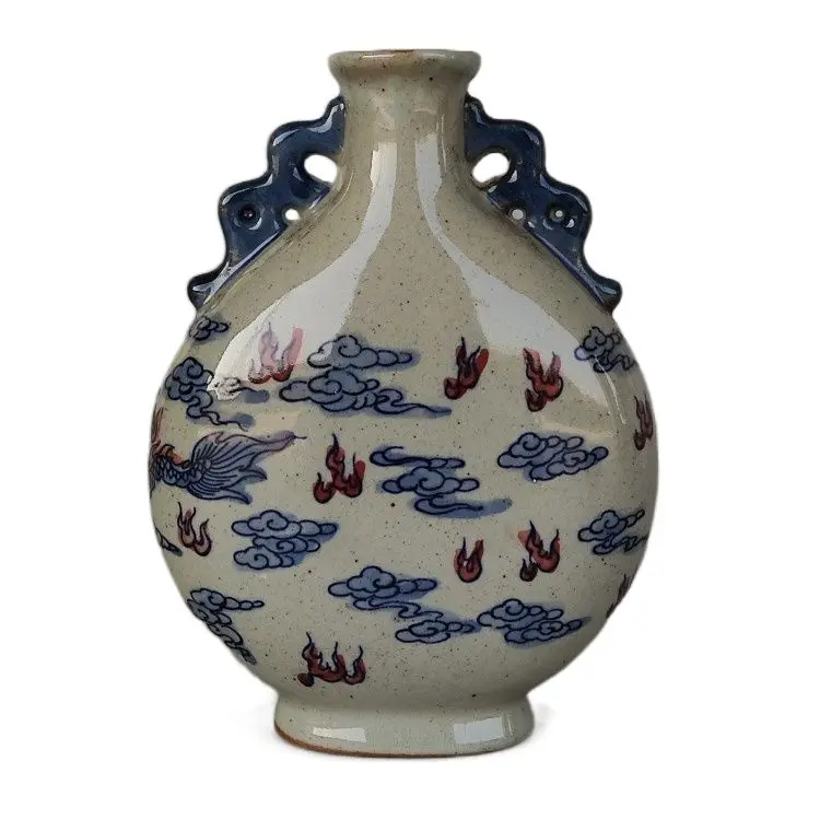 Blue & Underglaze Red Dragon Cloud Porcelain Moon Vase Chinese Antique Double Ear Ceramic Decor Bottle