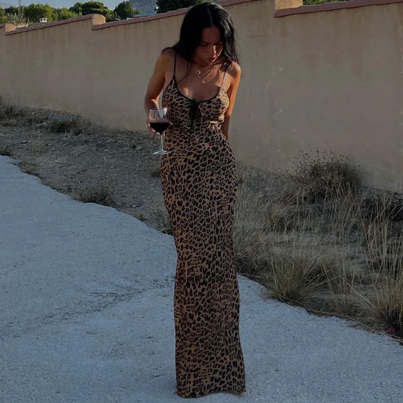 Animal Leopard Print Sexy Slip Tie Front Maxi Dress Elegant Outfits for Women Sleeveless Backless Party Dresses Summer Dress