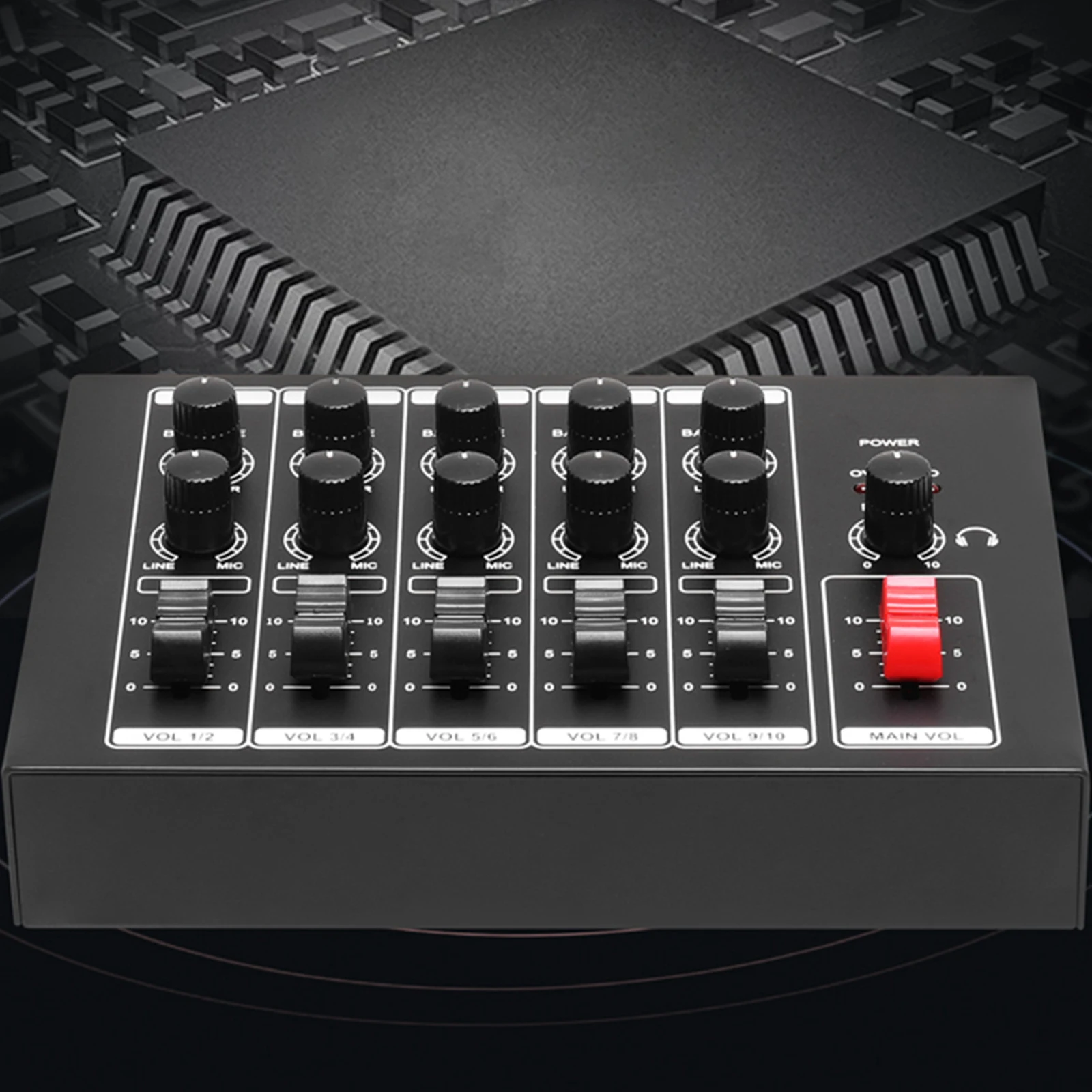 10 Channel Audio Mixer DC 9V Independent Volume Control 5 Input 1 Output Stereo Mixer for Keyboards Microphones Guitars Bass KTV