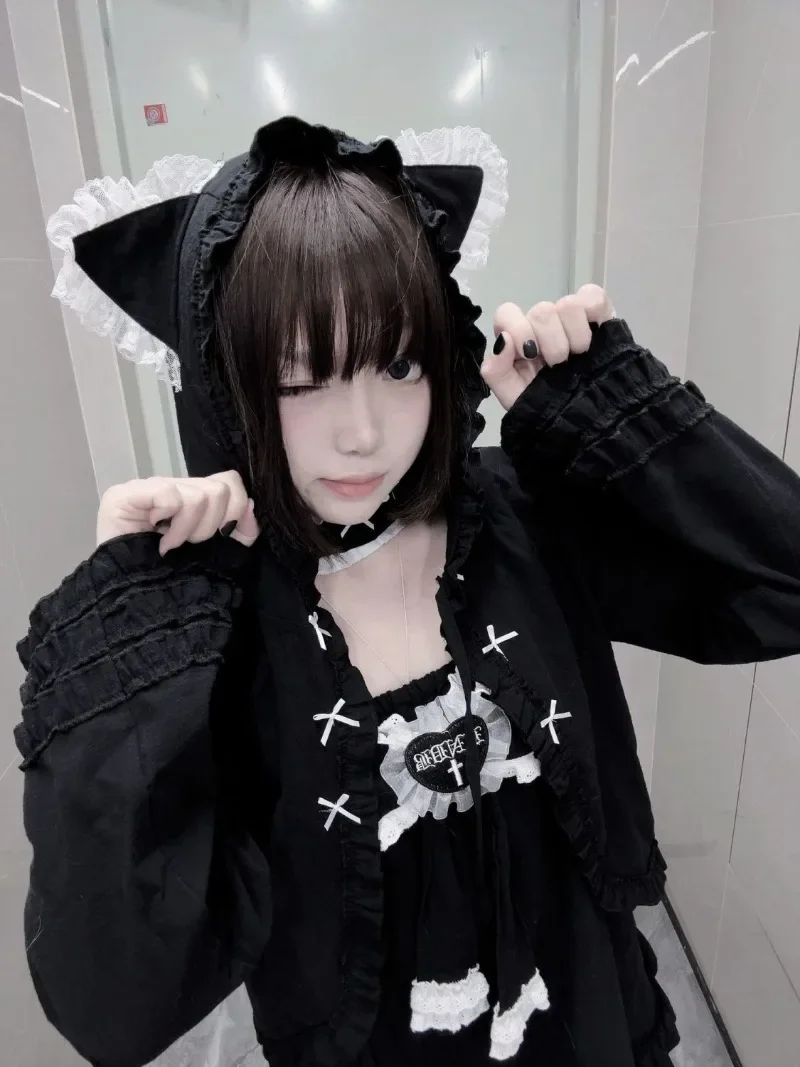 Dolce Kawaii Orecchie di Gatto Cardigan Cappotto Donna Autunno Nuove Donne Giubbotti Corti Nero Subculturale Casual Giapponese Top Camicia da Sole