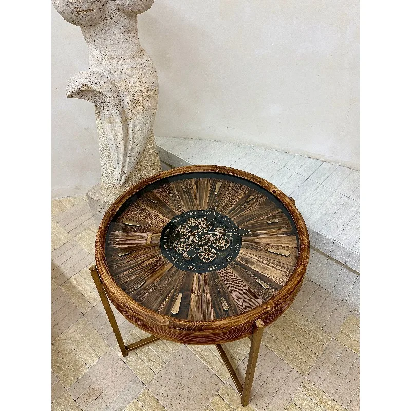 Industrial Gear Clock Side Table, American Vintage Style End Table with Functional Timepiece, for Small Spaces Vacation Rentals