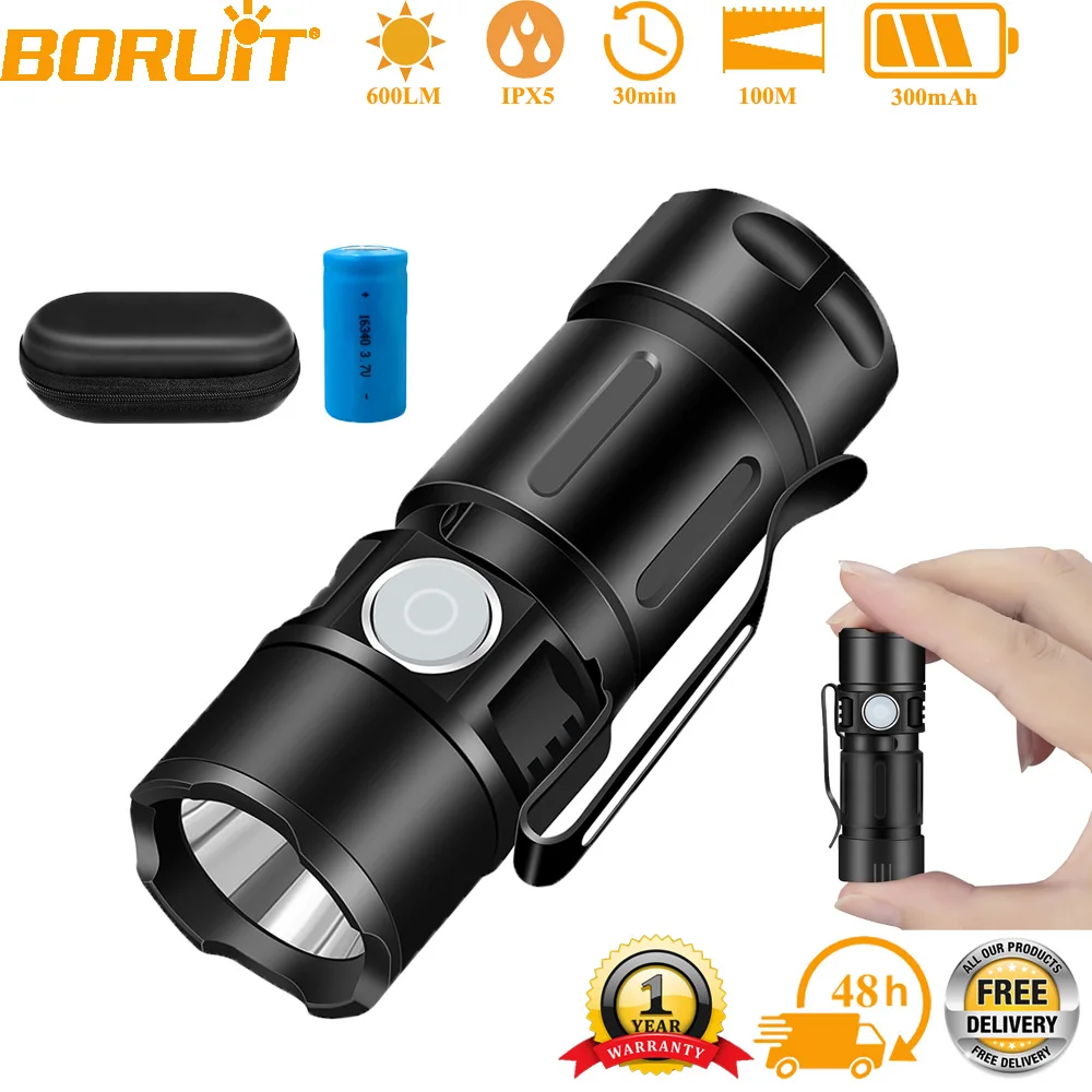 

BORUiT Super Bright Flashlight EDC LED 600LM Pocket Torch USB Rechargeable Waterproof Pen Clip Emergency Camping Lantern