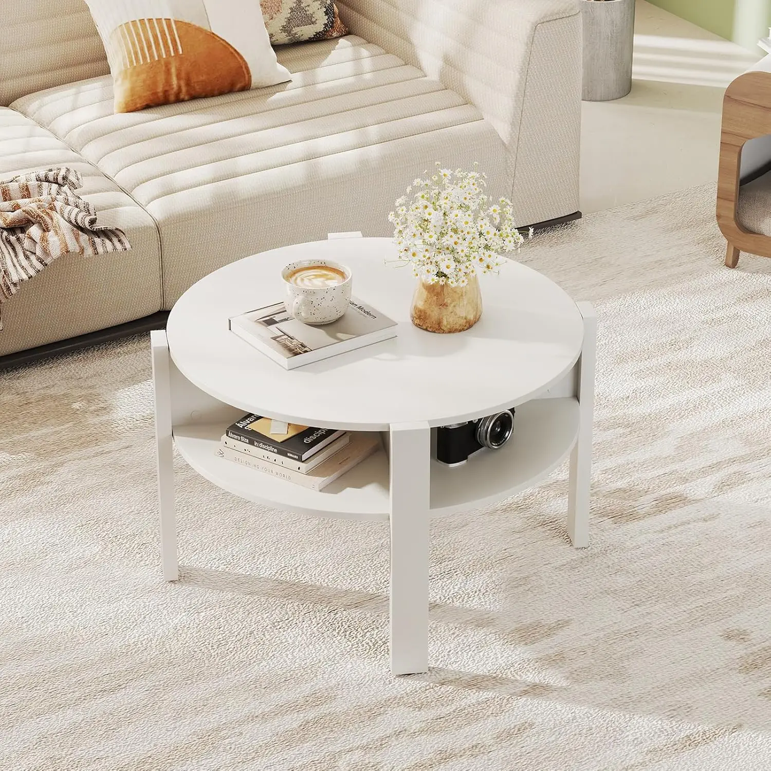 

Round Coffee Table, 29.5” 2-Tier Circle Cocktail Center Table With Storage Shelves, For Small Spaces, Living Room, Customized