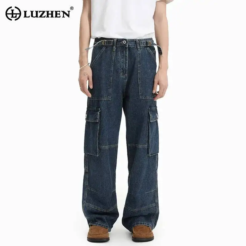 

LUZHEN Design 2025 Many New Fashion Pockets Solid Color Straight Cargo Jeans Men Original High Quality Loose Denim Pants JY7171