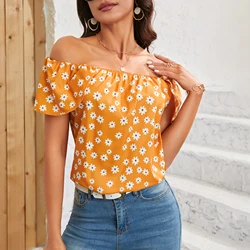 Off Shoulder Women's Chiffon Shirts Summer New Style Elegant Floral Slash neck Tops