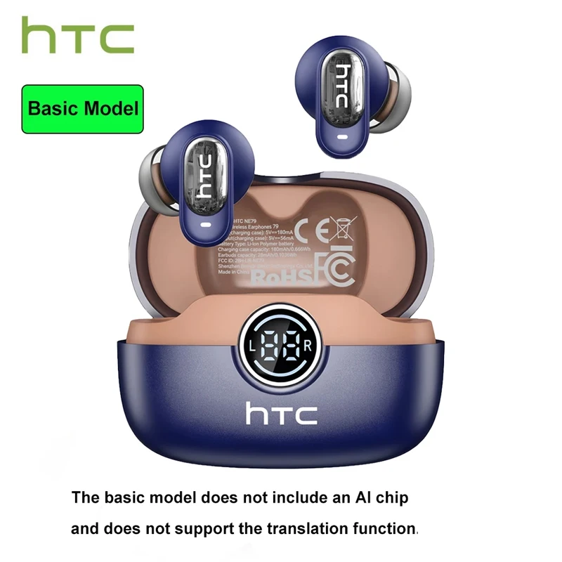 HTC NE79 TWS Bluetooth 6.0 Kopfhörer mit KI-Übersetzer, In-Ear HiFi-Sound Headset für Sport mit Klarer Anrufqualität und Mikrofon