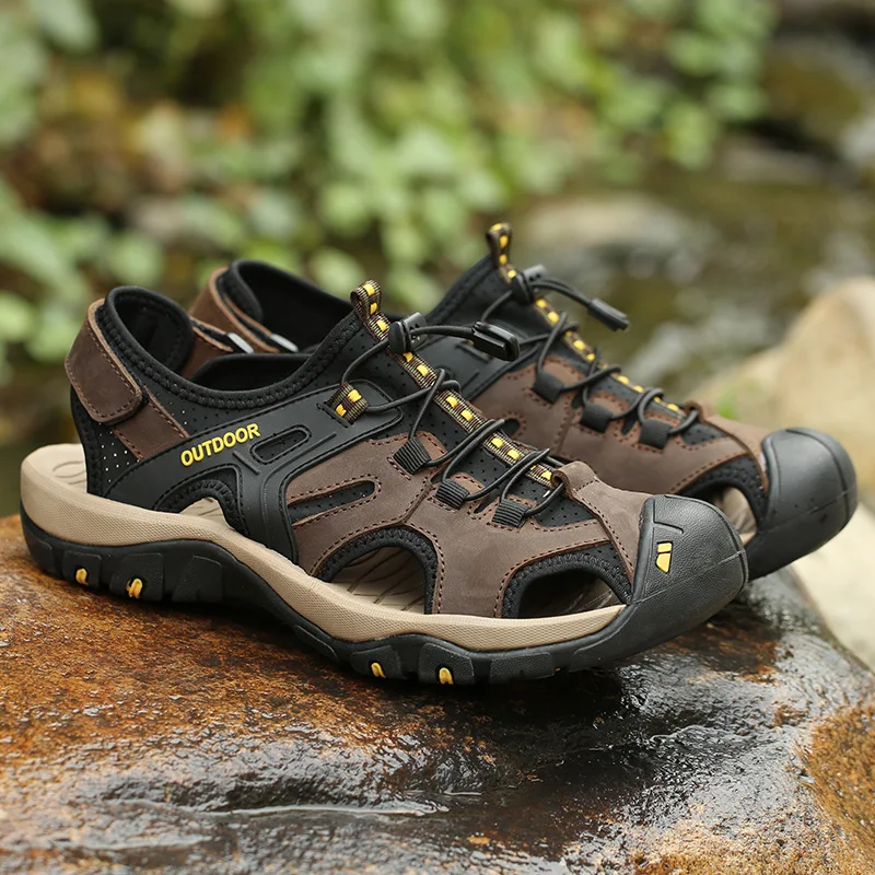 2023 Summer Sandals Men Beach Slippers Genuine Leather Man Sandals Fashion Walking Shoes Male Plus Size 38-48