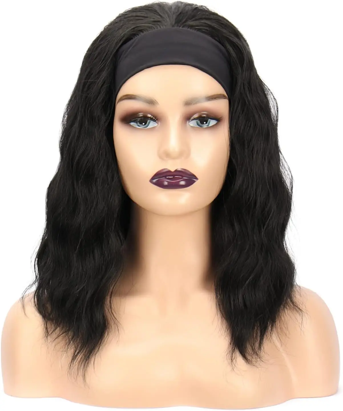 Short Wavy Bob Headband Synthetic Wig  Body Wave for Black Women Curly Wavy Turban Wig with Attached Natural Half Wigs for Women