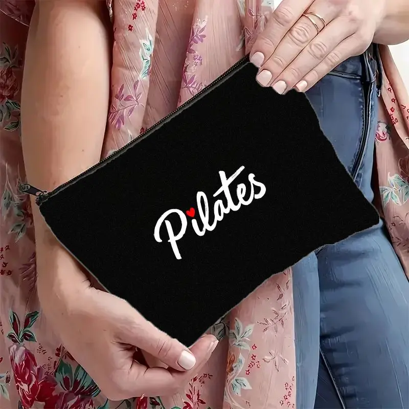 1Pc Pilates Exercise Heart-Shaped Retro Design Multifunctional Travel Makeup Bag, Snack Storage Bag, Stationery Storage Bag, Fashionable Toiletry Bag, Canvas Double-Sided Printed Zipper Pouch