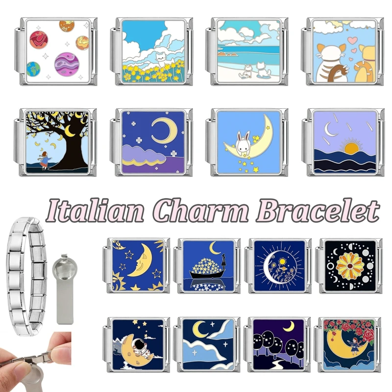 New Night Moon Flower Daisy Summer Spring Italian Charm Links Fit 9mm Bracelet Stainless Steel Women DIY Making Gift