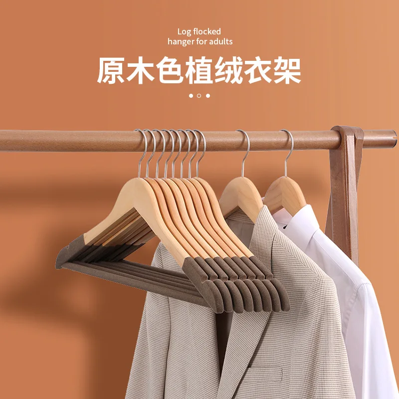 10pcs Wooden Clothes Hanger Non-slip High-end Wooden Hanger Solid Wood Flocked Clothes Hanger Clothes Storage