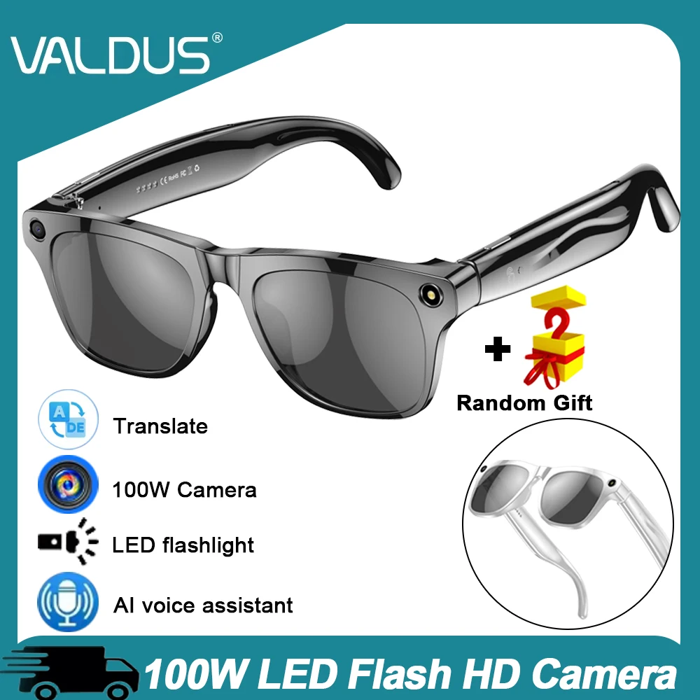 

VALDUS 2025 Смарт-очки с камерой Видео Мужчины Женщины Ai Запись голоса 4 ГБ Перевод памяти Bluetooth Вызов Смарт-солнцезащитные очки