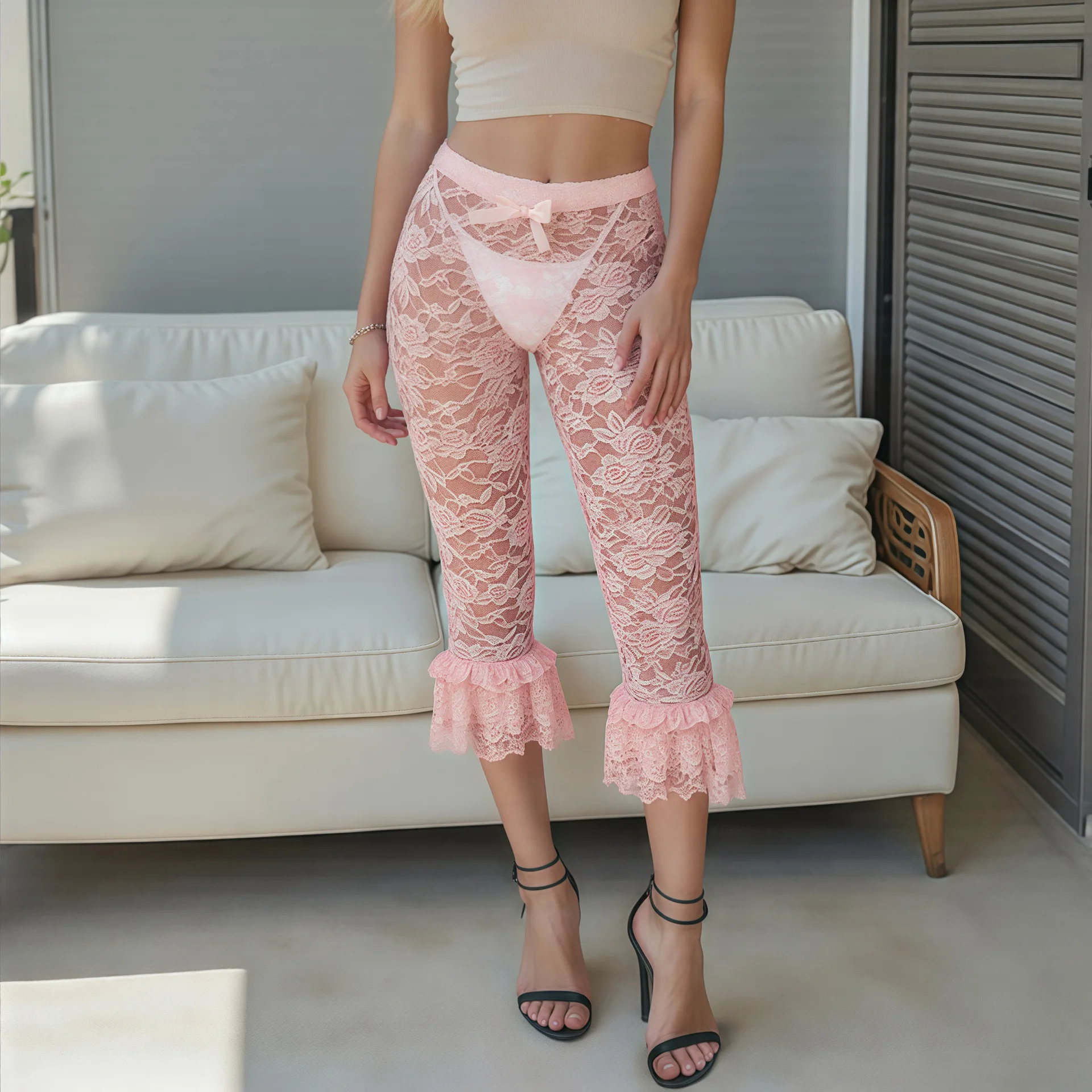 Ruffles ลูกไม้ Capri กางเกงผู้หญิงฤดูร้อนกางเกง Dancewear ผ้าพันคอเอวสูงกางเกง Cropped แฟชั่น Streetwear เซ็กซี่ Party Bottoms