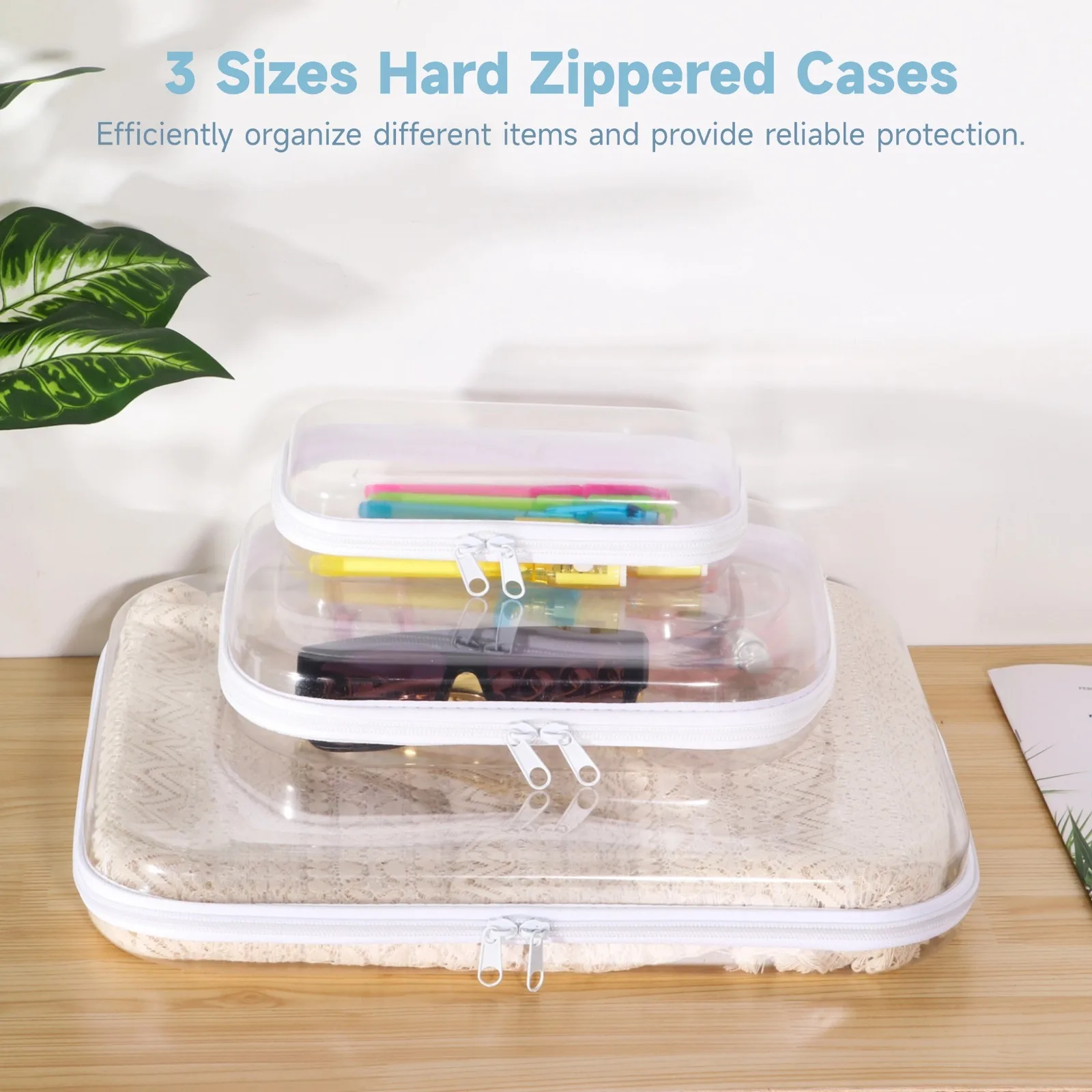 3Pcs/Set Hard Zippered Cases Transparent Hard Pouches Double Zippered Hard Shell Bags Portable Zipper Organizer Bins 3 Sizes
