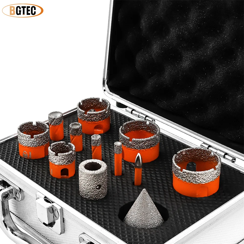 BGTEC 12pcs Diamond Dry Drill Bit Kit Dia6-35mm Aluminum Case Cross Drill Bit Chamfer Grinding Rod Ceramie Tile Granite Marble