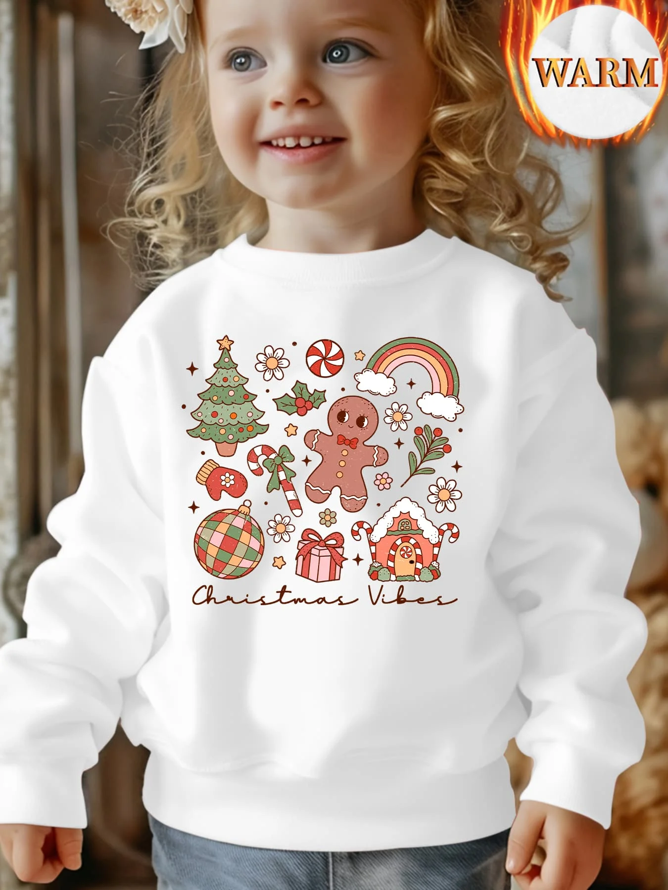 Christmas-themed fleece-lined sweatshirts for boys and girls, featuring gingerbread man prints.