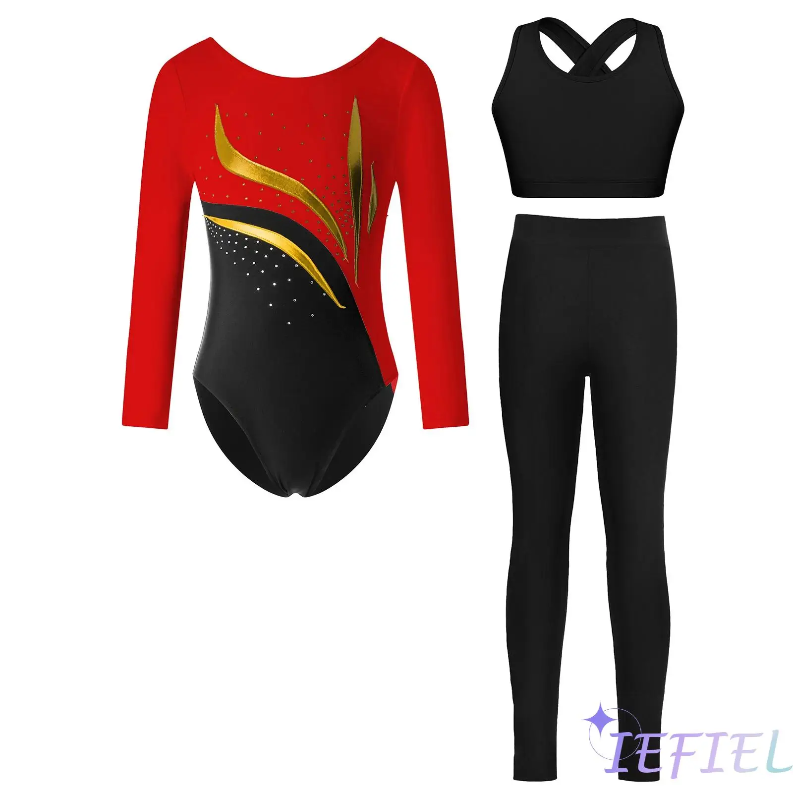 

Womens Dance Performance Wear with Body Contouring Fit And Adjustable Features Leotard+Vest+Leggings Figure Skating Dancewear