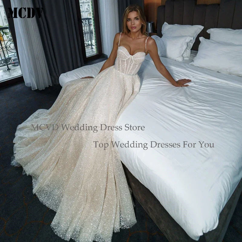 

MCDV Beach Glitter Wedding Dress V Neck Party Bridal Dresses Shiny Bridal Gowns Vestido De Noiva
