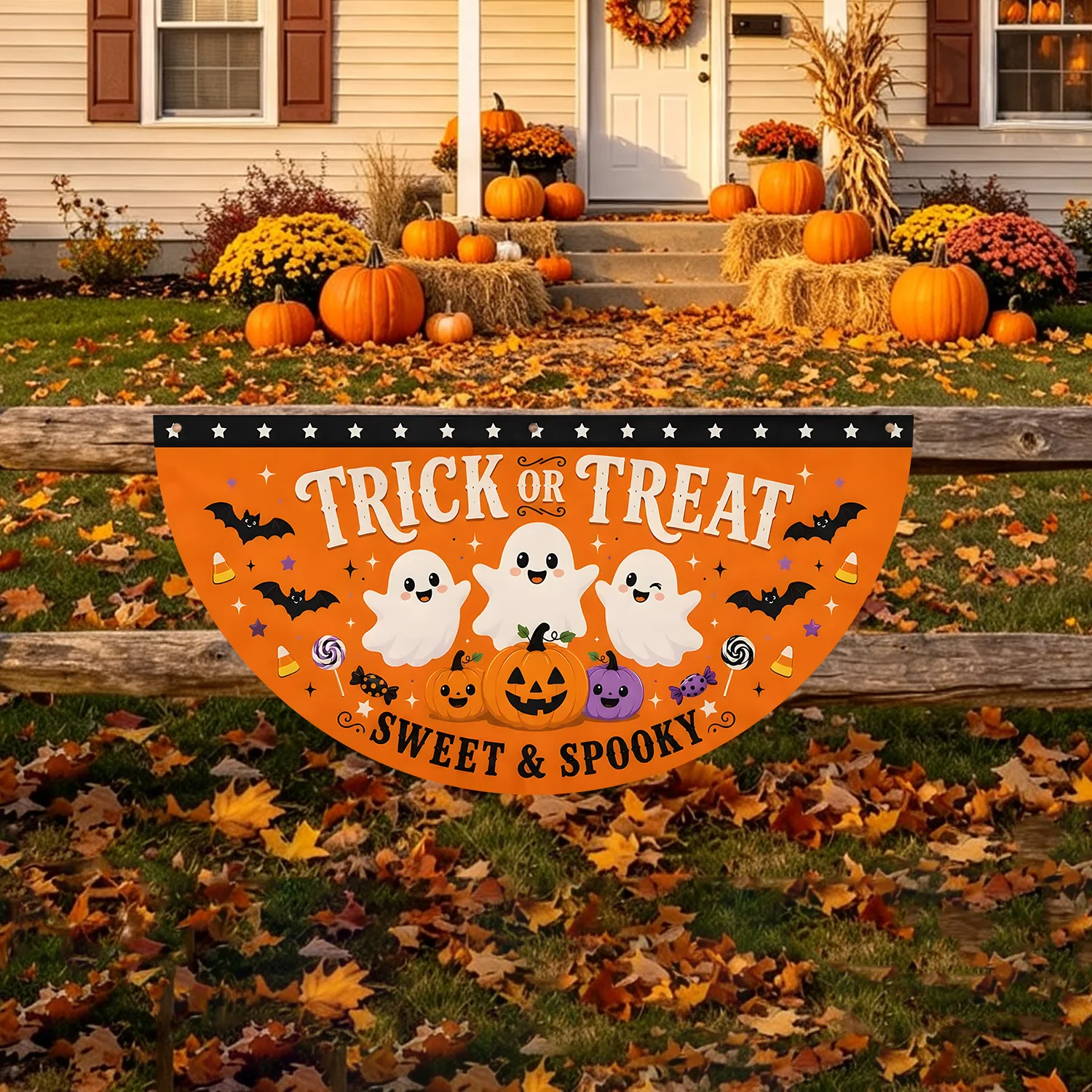 Trick or Treat Halloween Halbmond-Fanbanner, niedliches Geister-Kürbis-Fledermaus-Design, gruselige Hängeflagge für Tür, Garten, Zuhause, Dekoration – Detail 4